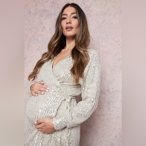 BOOHOO MATERNITY SEQUIN WRAP MIDI DRESS - Picture 3 of 3